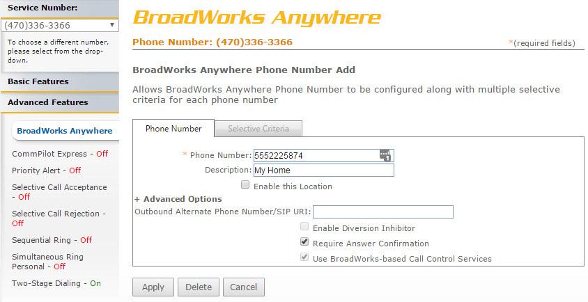 BroadWorks Anywhere A page similar to image. will load. The following instructions correspond with image.