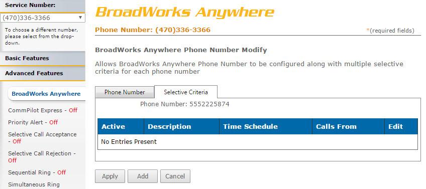 BroadWorks Anywhere To add rules for when BroadWorks Anywere is enabled or disabled refer to image.