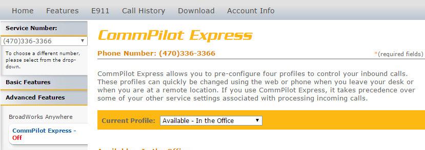 CommPilot Express CommPilot Express CommPilot Express allows you to pre-configure four profiles to control your inbound calls.