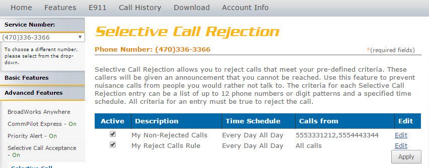 Selective Call Rejection Image 9. is an example of what will be displayed when there are multiple rules. The following instructions correspond with image 9.. Image 9. Select this to make changes to an existing rule.