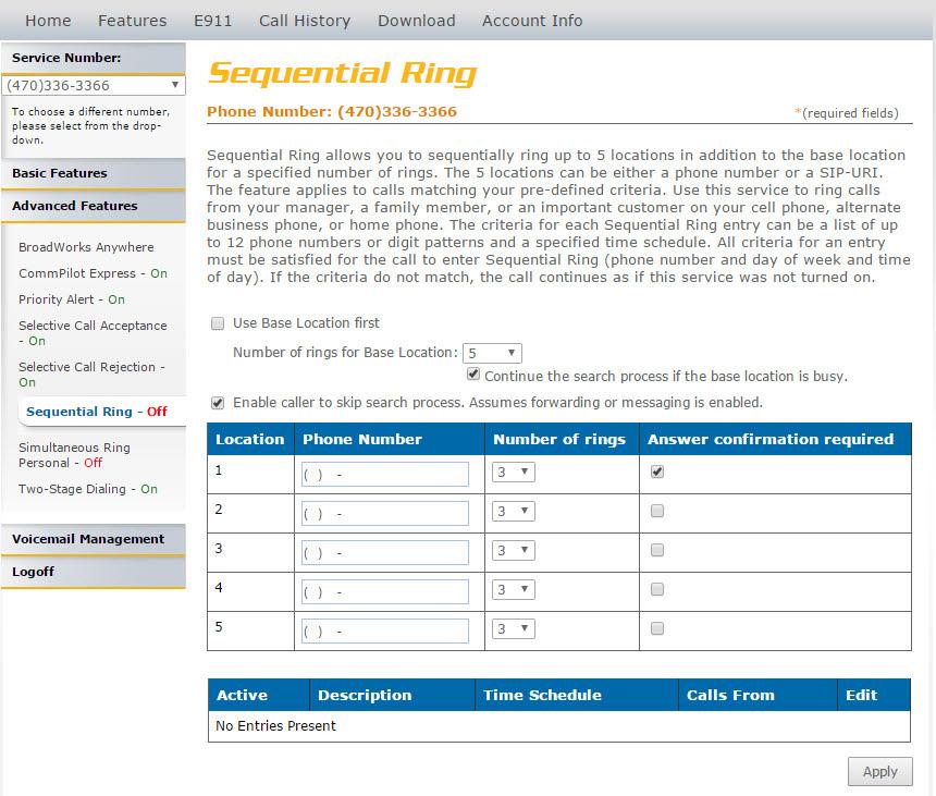 Sequential Ring Refer to Image 0. for instructions on managing this feature: Click the Sequential Ring link to open the feature page. The following page will load: Note: Image 0.