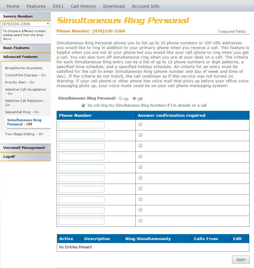 Simultaneous Ring Personal Refer to Image. for instructions on managing this feature: Click the Simultaneous Ring Personal link to open the feature page. The following page will load: 4 5 Image.