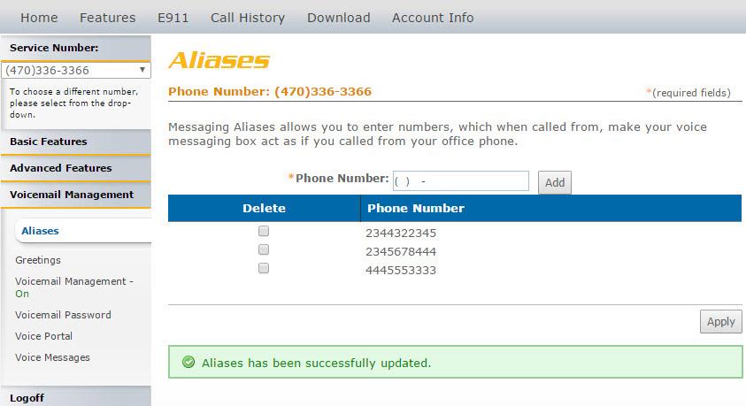Aliases Aliases Messaging Aliases allows you to specify additional phone numbers that will be treated like your primary number when you call in to check messages.