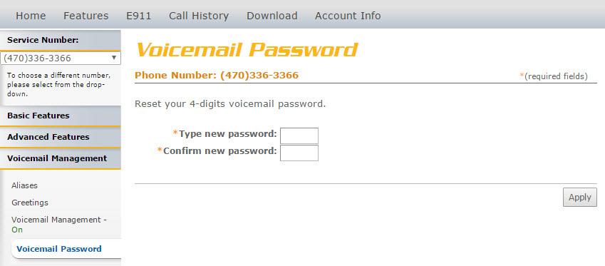 Voicemail Password VOICEMAIL PASSWORD Voicemail password Voicemail Password allows you update the password used to access your voicemails. The default pin is 864 Refer to Image 7.