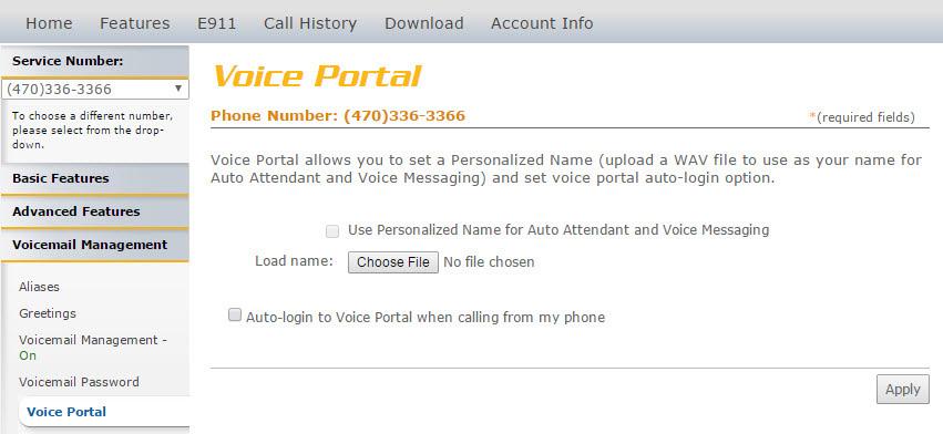 Voice Portal Voice Portal Voice Portal allows you to upload a recording (as a.wav file) of your name that will play in your voicemail greeting. Refer to Image 8.
