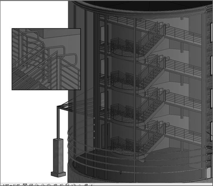 486 Chapter 10 Stairs, Ramps, and Railings 8. Go to a 3D view, and select the radial brick wall to make it transparent. Check out your stairs, as shown in Figure 10. 32. F I G URE 10.
