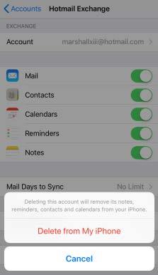 3. On the next screen, press Delete Account. You will receive a warning that this will remove notes, reminders, contacts and calendars from your iphone. Press Delete from my iphone.