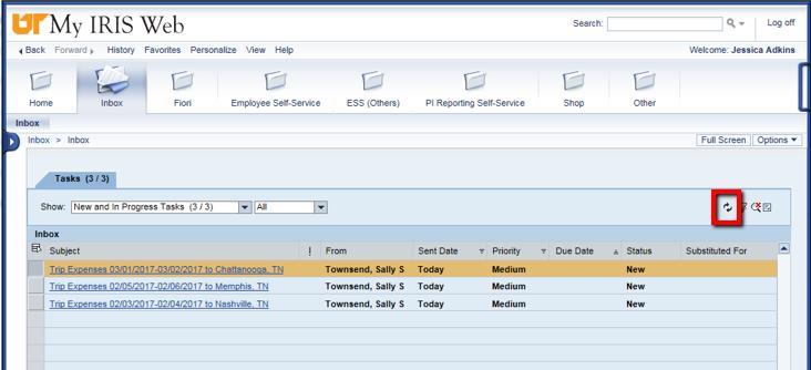 In the example below, there are three Travel Expense Reports in the inbox.
