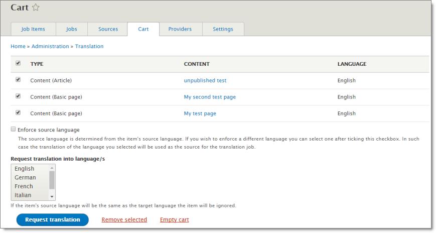 2 Getting Started with the Lionbridge Connector for Drupal TMGMT Translation page / Cart tab 2.