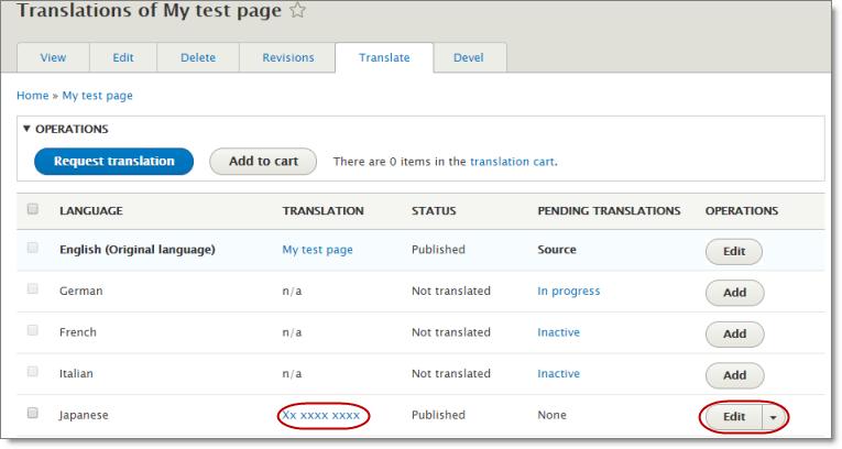 6 Other Translation Tasks 6.4 Editing Translated Items The Translations of page displays the translation status of each available target language for this item.