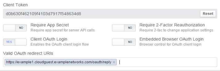 Under Valid OAuth redirect URIs, enter the OAuth reply URL that is generated dynamically for the Facebook login.