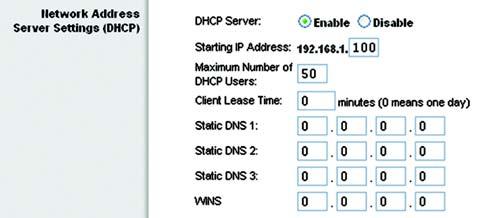 Network Address Server Settings (DHCP) The settings allow you to configure the Router s Dynamic Host Configuration Protocol (DHCP) server function.