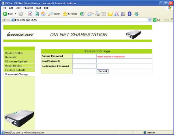 Password Change: You can add or change an existing password on the DVI Net ShareStation in