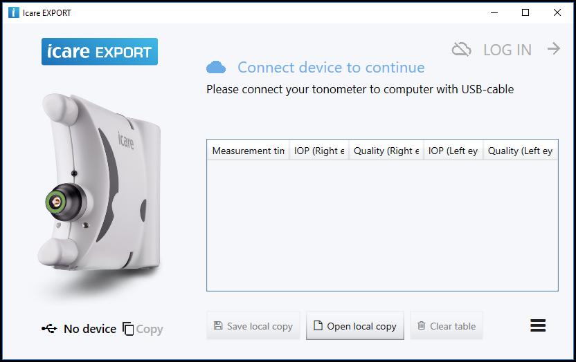 To start Icare EXPORT, click the icon on the PC desktop. The icon is created during the installation of Icare EXPORT.
