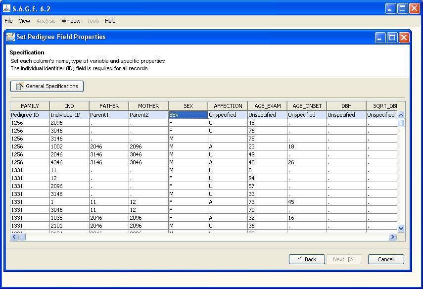 1.3. IMPORTING PEDIGREE DATA CHAPTER 1. CREATING A NEW S.A.G.E. PROJECT After specifying the data type of the first five columns, the display will look as shown in Figure 1.8.
