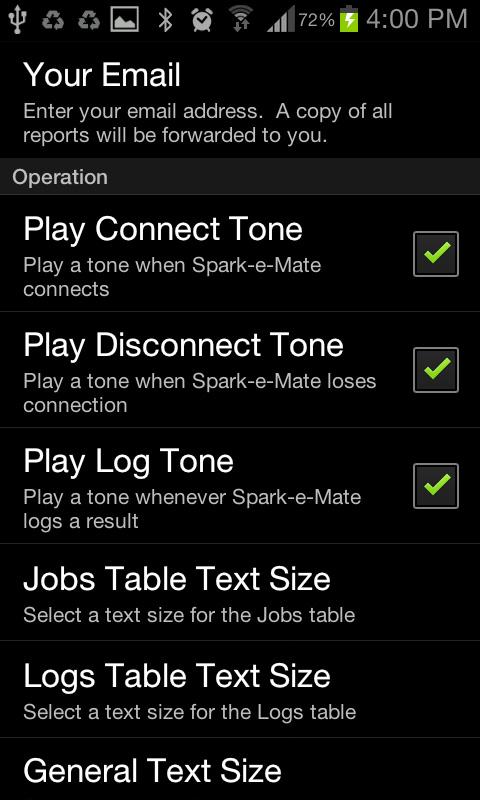 Connected ): Spark-e-mate is connected with the Android phone Press to bring up the Settings menu Spark-e-mate is connected with the Android