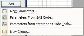Figure 4. Parameters Menu Selecting Parameters From SAS Code enables you to scan the SAS program for the use of macro variables and use the results to seed the parameter definitions.