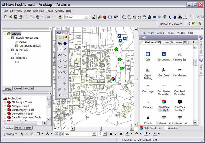 (1) Select the point marker tool in the drawing toolbar. Select a marker symbol from the ESRI palette. Place the cursor over the map and click the left mouse button.