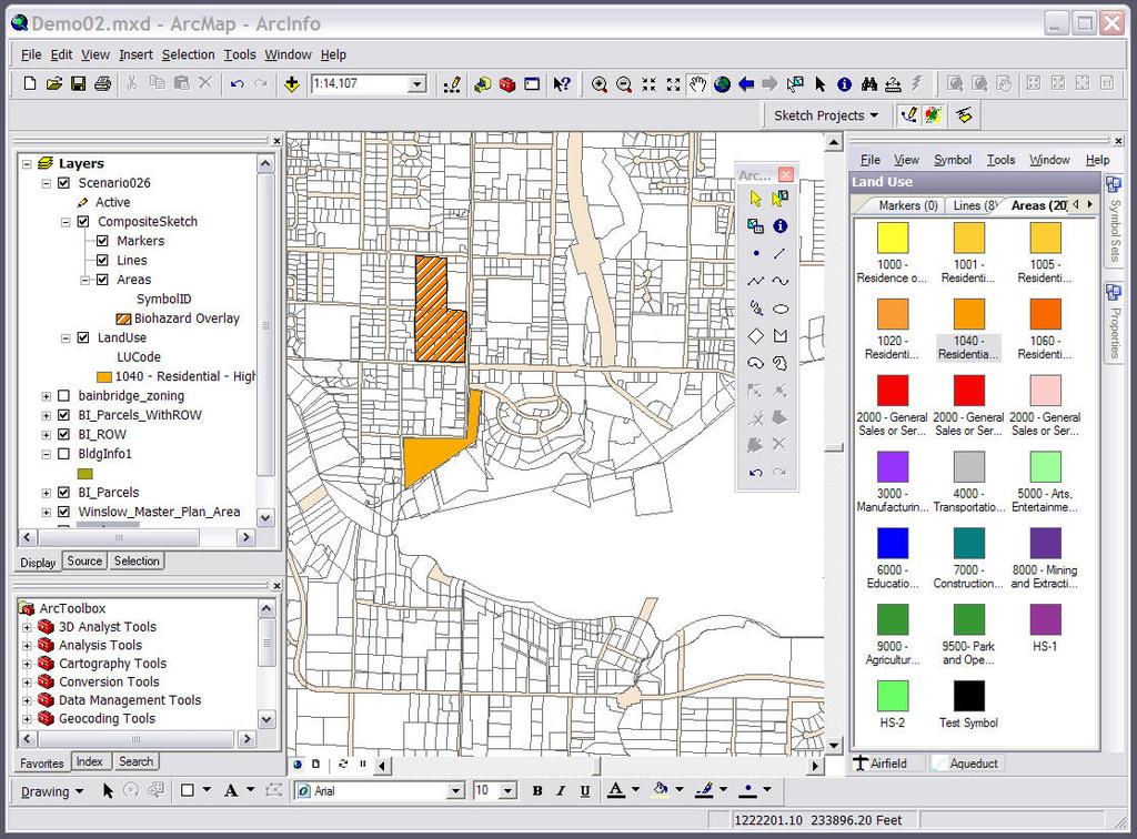 --- Sketch Project TOC and Defined Area --- (5) Click on the Symbol Sets tab, select Land Use, click on the Areas tab, and select the red 2000 General Sales or Services symbol.