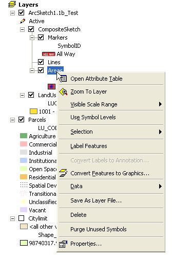 --- Sketch Layer Context Menu --- Some of the standard functions have been disabled; others should be used with caution. Open Attribute Table: Opens the Attribute Table for the layer.