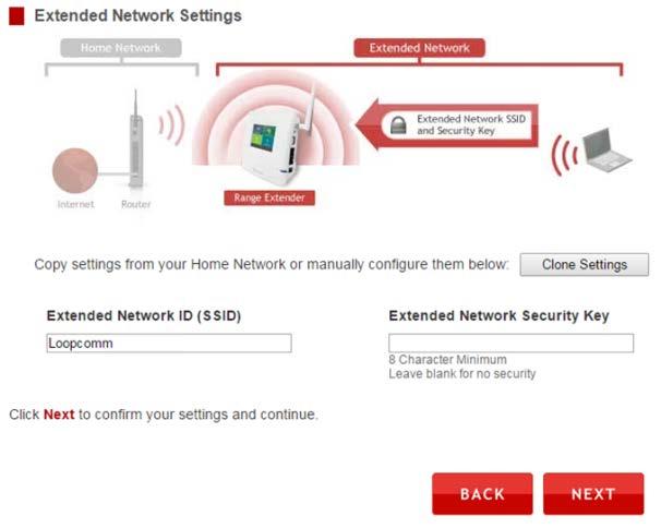 For example: Home_Network_RE You can also manually enter a new SSID and Security Key. The new security key must be at least 8 characters long. Click Next to apply the settings.