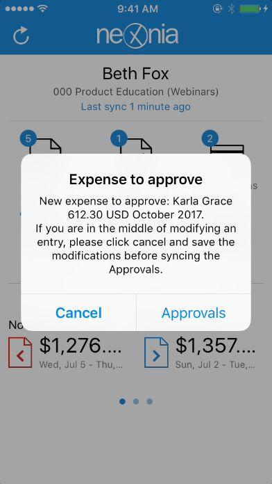 Notification of Submitted Expenses Expenses are submitted by users and move into the approval process.