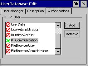 Enable the RTCommunication authorization. 9. Close the User Manager with OK.
