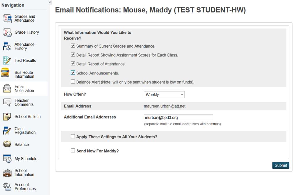 Setting up Email Notifications in the parent portal allows parents/guardians to receive notices from the school via email regarding student s grades, attendance, assignments, school bulletins, and