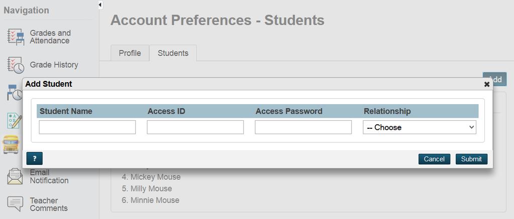 The Account Preferences page also allows you to add children to your account.
