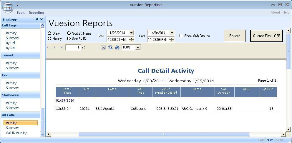 Follow procedure in reference [2] to launch the Vuesion Reports application on an agent PC, and to display the Call Detail Activity report