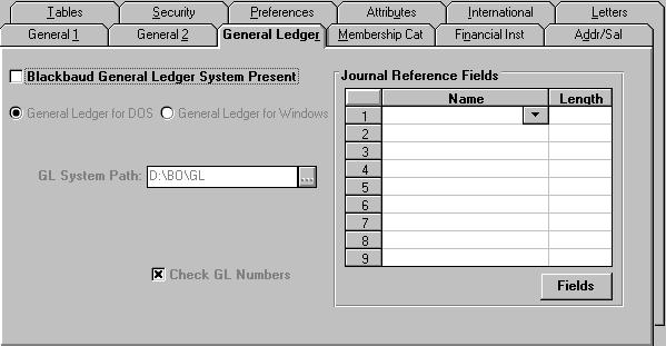 Establishing General Ledger Settings The General Ledger tab in Configuration establishes system settings for the interface between The Raiser s Edge and Blackbaud s General Ledger.