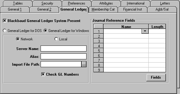 Select the General Ledger tab. The following screen appears. 2. Mark the Blackbaud General Ledger System Present checkbox if you are using Blackbaud s General Ledger program.