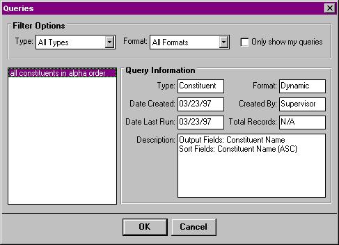 Select Query Results Several options within the program allow you to select query results to define types, formats, dates, and records relating to your database. ½ Selecting query results 1.