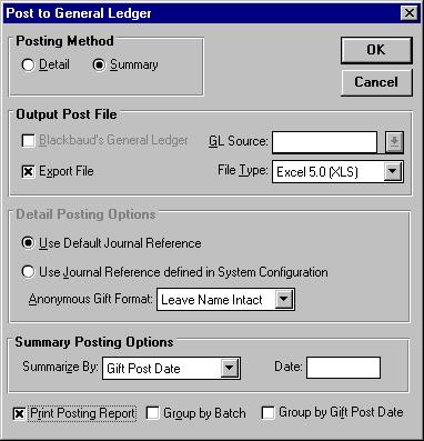 2. Click Pre-Posting Report to review gifts being posted before performing the actual posting operation. The Pre-Post to General Ledger detail screen appears (a similar screen is shown below). 3.