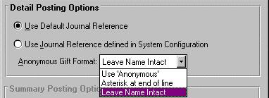 Use Default Journal Reference uses Constituent Name, Gift Type, Stock Gain/Loss and Broker Fees (for stock gifts only), and DEL for deleted gifts.