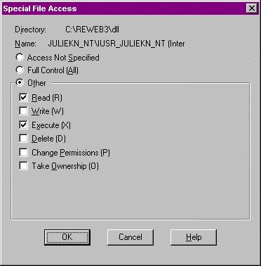 In the Type of Access field, select Special File Access. The screen to the left appears. Again, make sure the Read (R) and Execute (X) checkboxes are the only ones marked.
