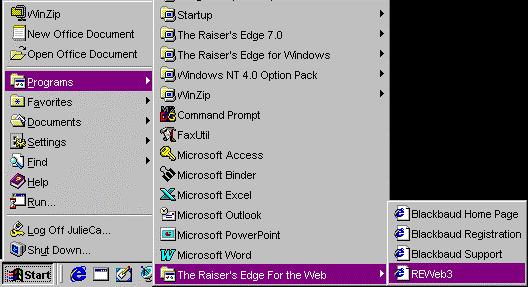 Accessing RE:Web RE:Web has been added to your Program menu. Select Programs, The Raiser s Edge for the Web from the Start menu. Select REWeb3 to go to the login screen for RE:Web.