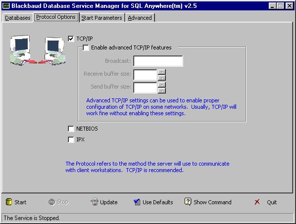 5. Select the Protocol Options tab. On this tab, you specify the protocol the Service Manager uses to communicate with your SQL Anywhere databases. Selected protocols include TCP/IP, NetBios, and IPX.