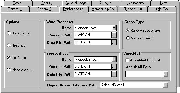 ½ Establishing interfaces The Interfaces option identifies the word processor, spreadsheet, and graph program you want to use with The Raiser s Edge.
