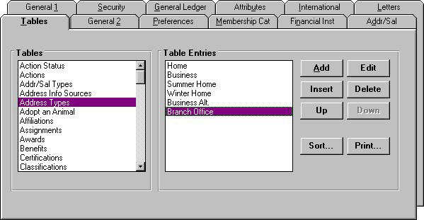 ½ Accessing tables 1. Double click Configuration in The Raiser s Edge program group. Select the Tables tab. The following screen appears. 2. In the Tables frame, highlight a table.