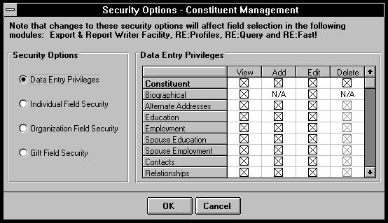 ½ Assigning Constituent Management rights 1. Highlight Constituent Management and the Options button becomes active. Click Options and the following screen appears. 2.