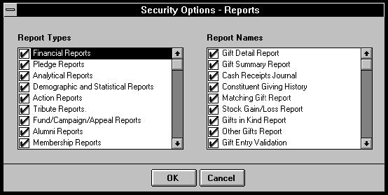 The example to the right shows a group that can make changes to funds, campaigns, and appeals. Reports Security Security for Reports can be defined on two levels.