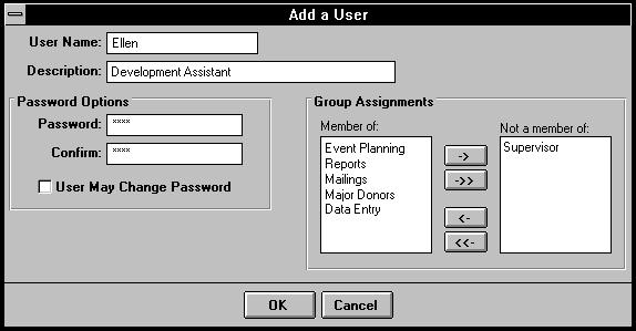 ½ Adding user security 1. Select the Security tab. 2. In the Users frame, click Add. The Add a User screen appears. 3. Enter the name of the user in the User Name field. 4.