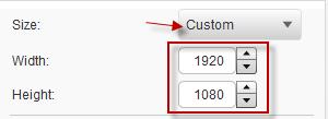 a. Size: It is important that you set the correct size for your screen display: 1920 for the width and 1080 for the height. I. Select Custom from the drop down list. II.