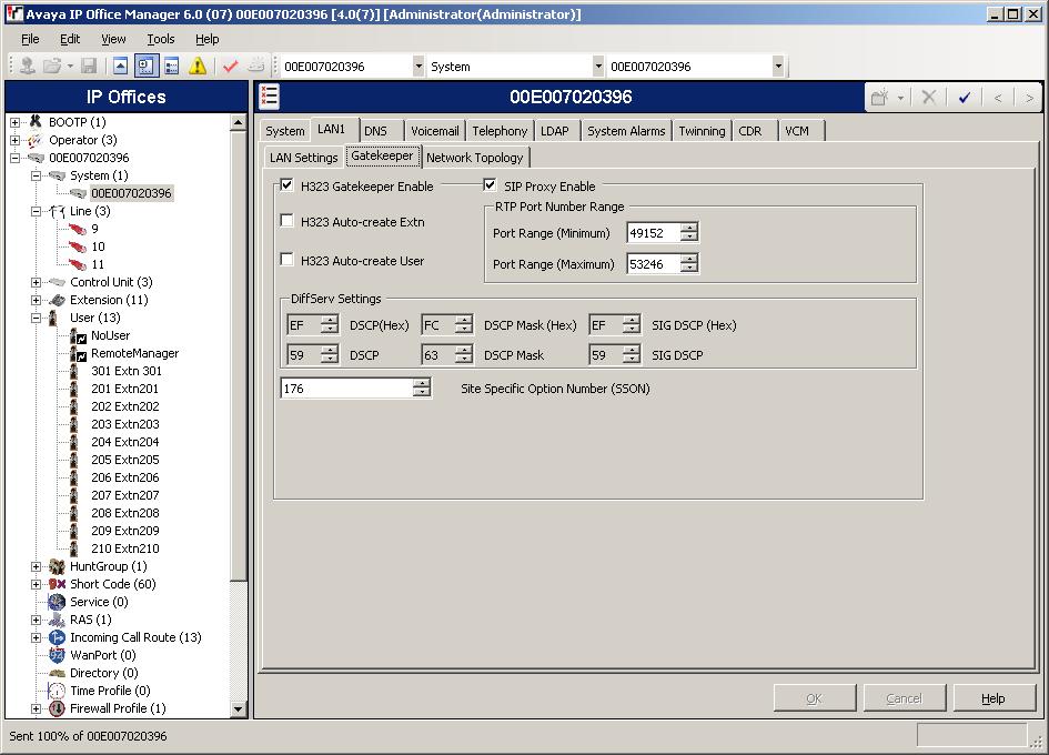 3. Configure DiffServ Settings according to McLeodUSA requirements. Select System in the left panel. In the LAN1 tab, select the Gatekeeper tab.