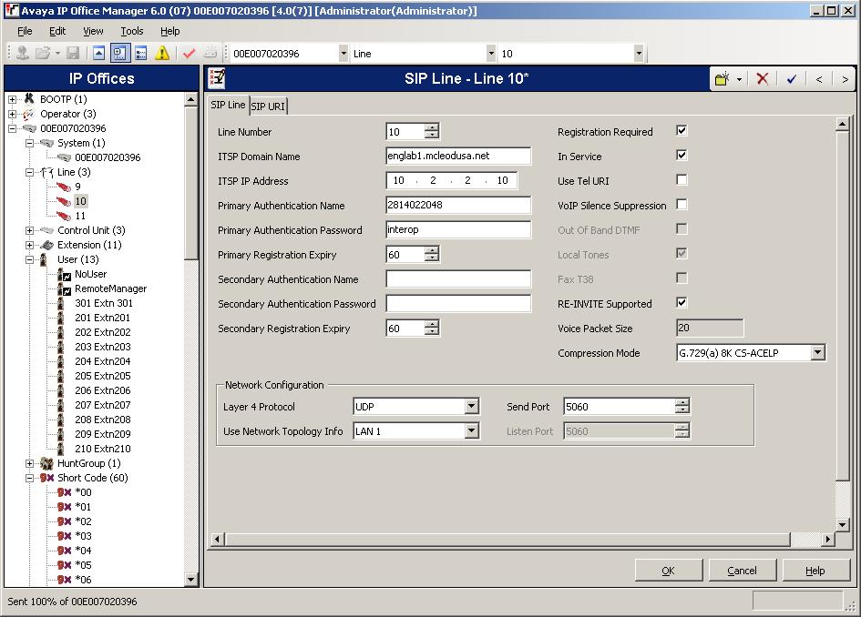 4. Create the SIP line for the McLeodUSA service. Select Line in the left panel. Right-click and select New SIP Line.