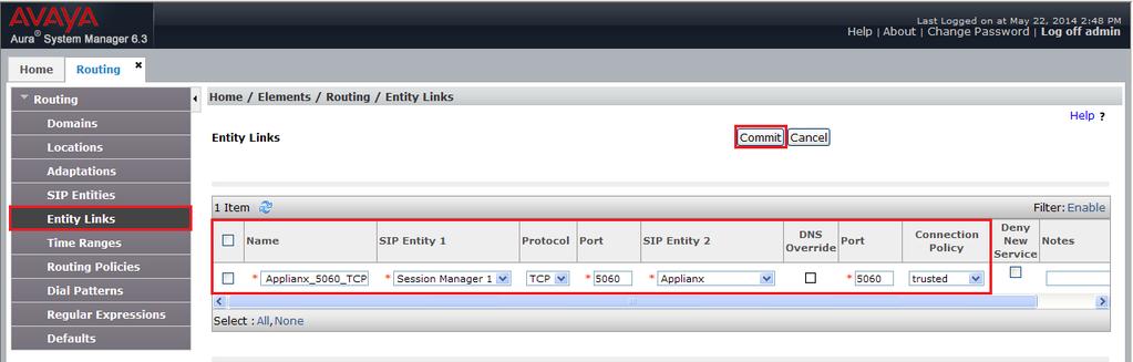 6.5. Create an Entity Link for ApplianX The SIP trunk between Session Manager and the ApplianX requires an Entity Link.