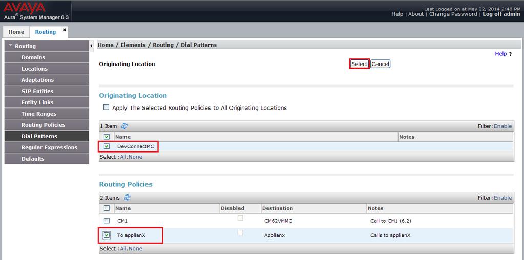 In Originating Location check the DevConnectMC check box. Under Routing Policies check the To applianx check box.