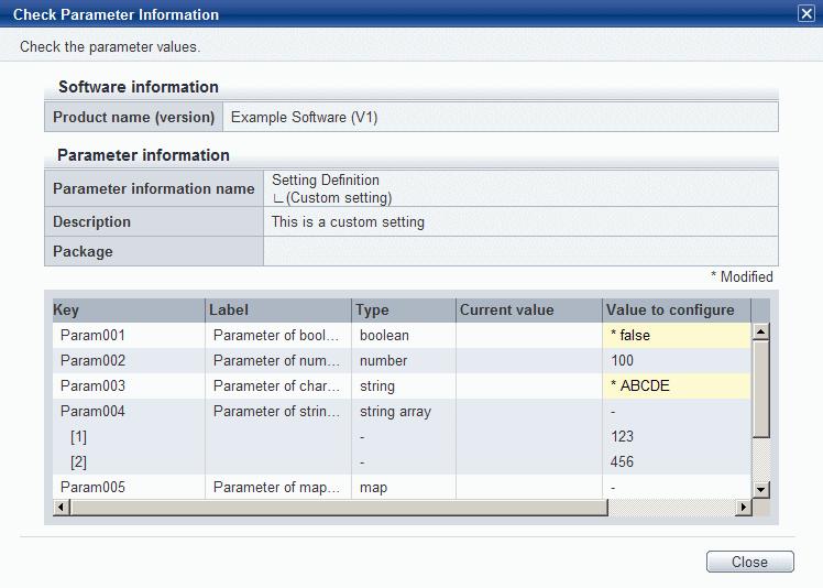 - Click a Parameter information name link in the list of parameter settings in the Confirm window. Operation method Software information Product name (version) Displays the product name and version.