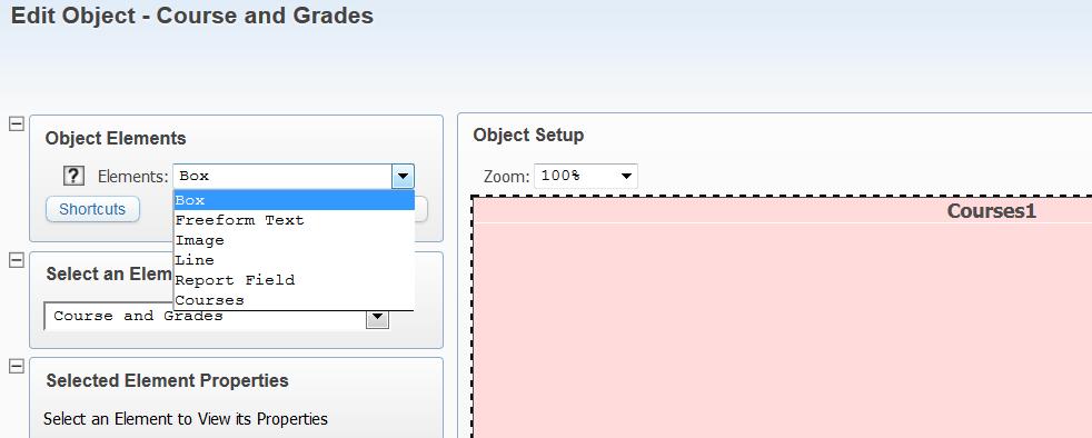 Creating a layout: Grading Object 1. The Grading Object requires a large area. Here you will place most of the variable information such as the scheduled course, credits, grades, etc. 2.